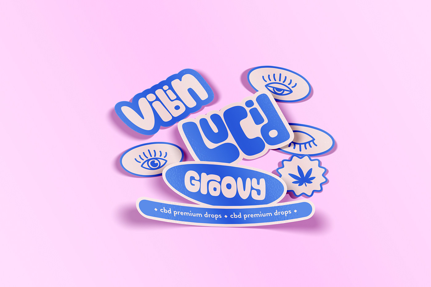 sticker design with the words lucid, vibing, groovy and includes icons such as multiple eyes.
