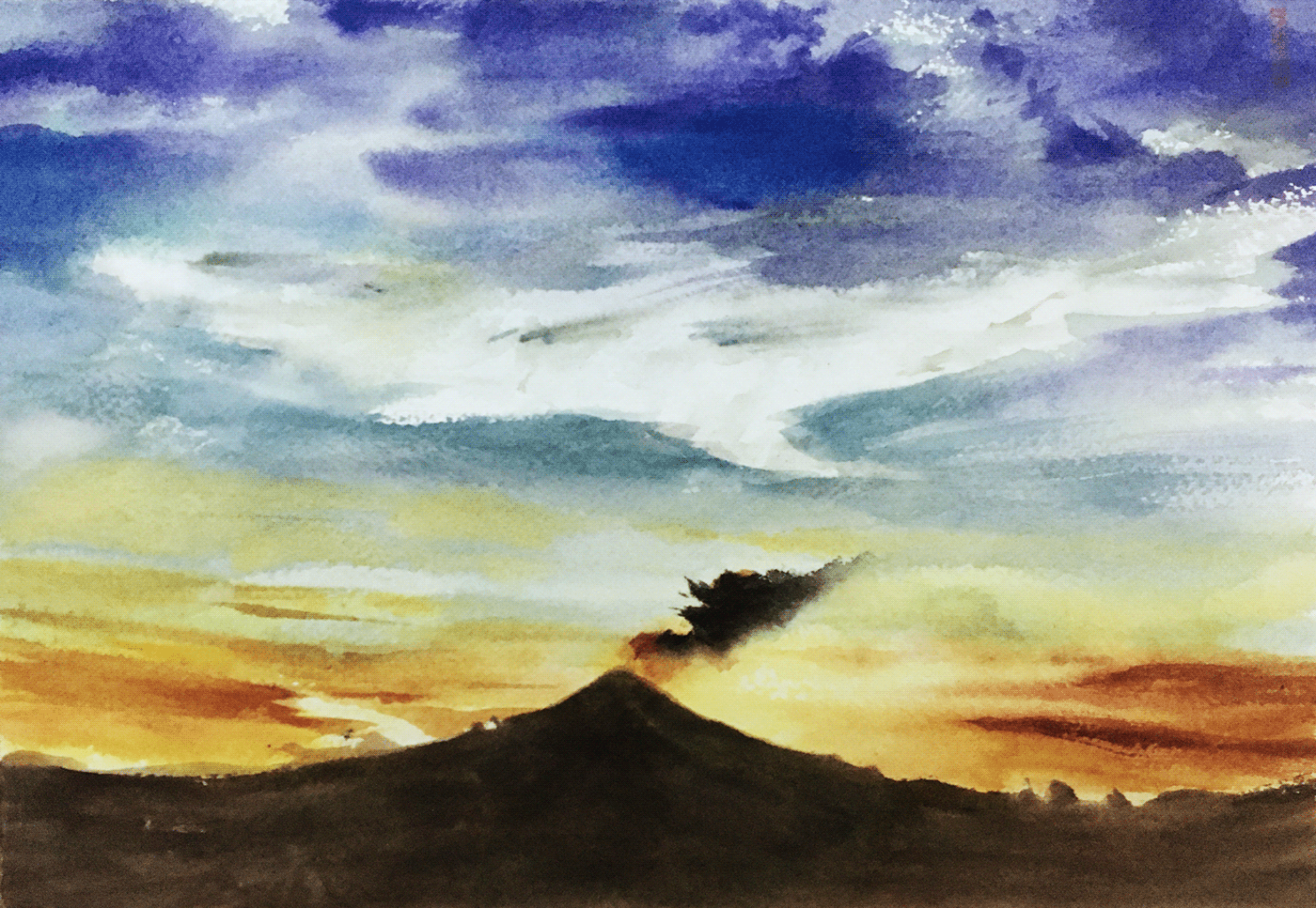 volcano watercolor SKY twilight clouds painting   Landscape