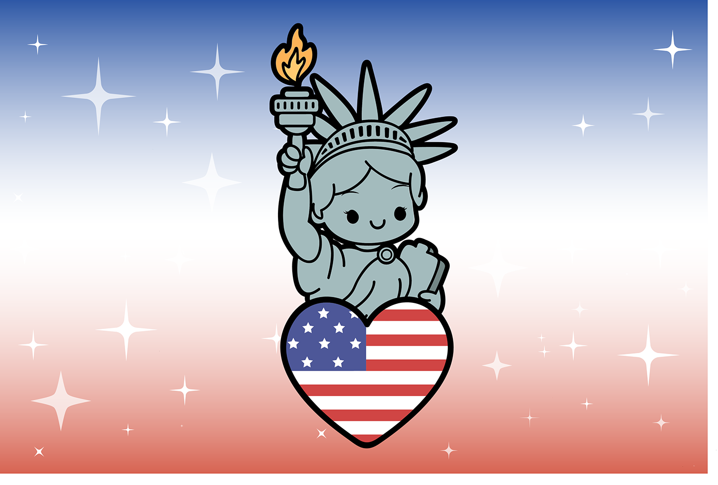 statue of liberty new york city american flag 4th of July independence day heart cute chibi cartoon