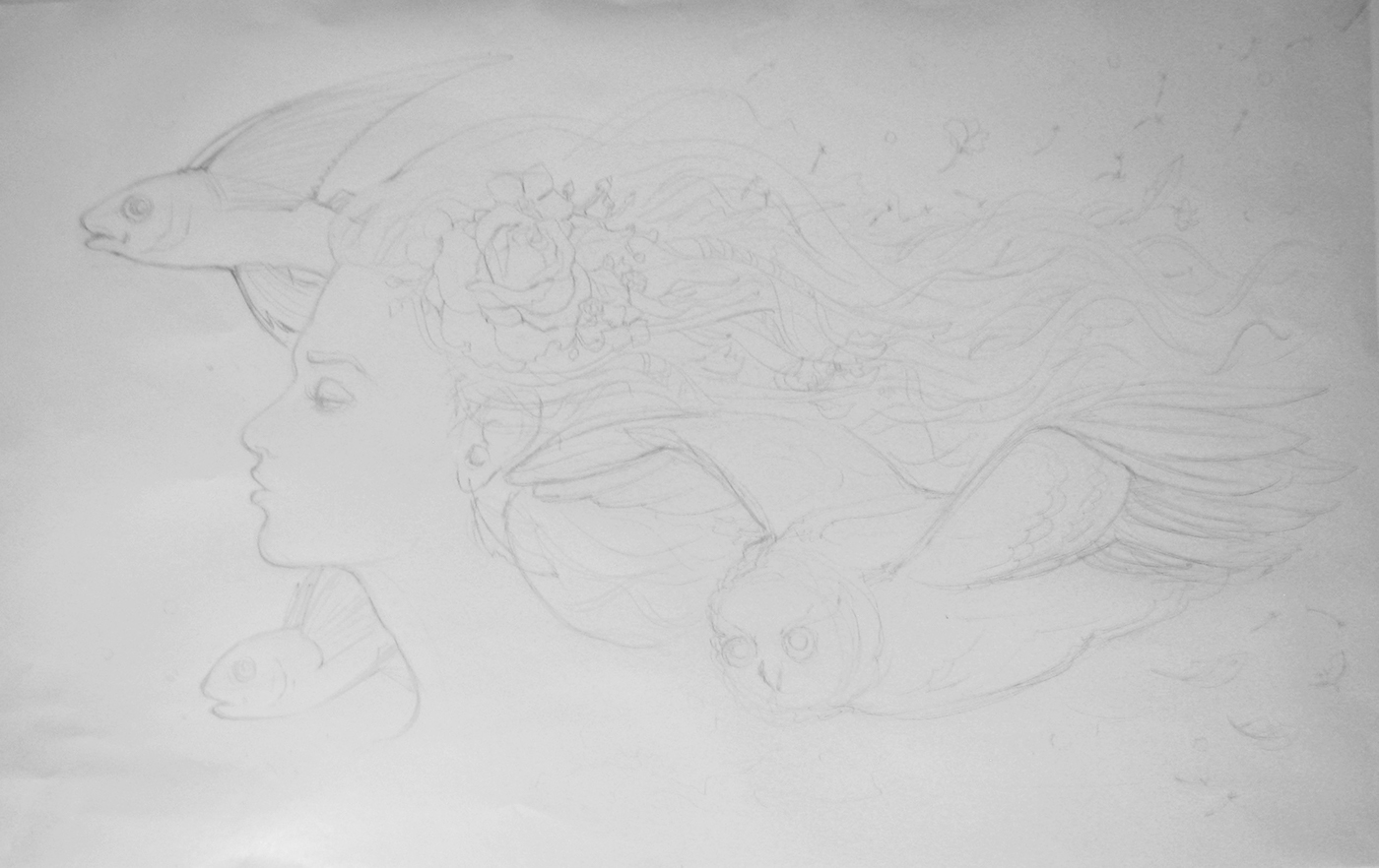 woman beauty feminine girl Flying Emotional freedom owl fish ink artwork art black and white hand drawn book poster