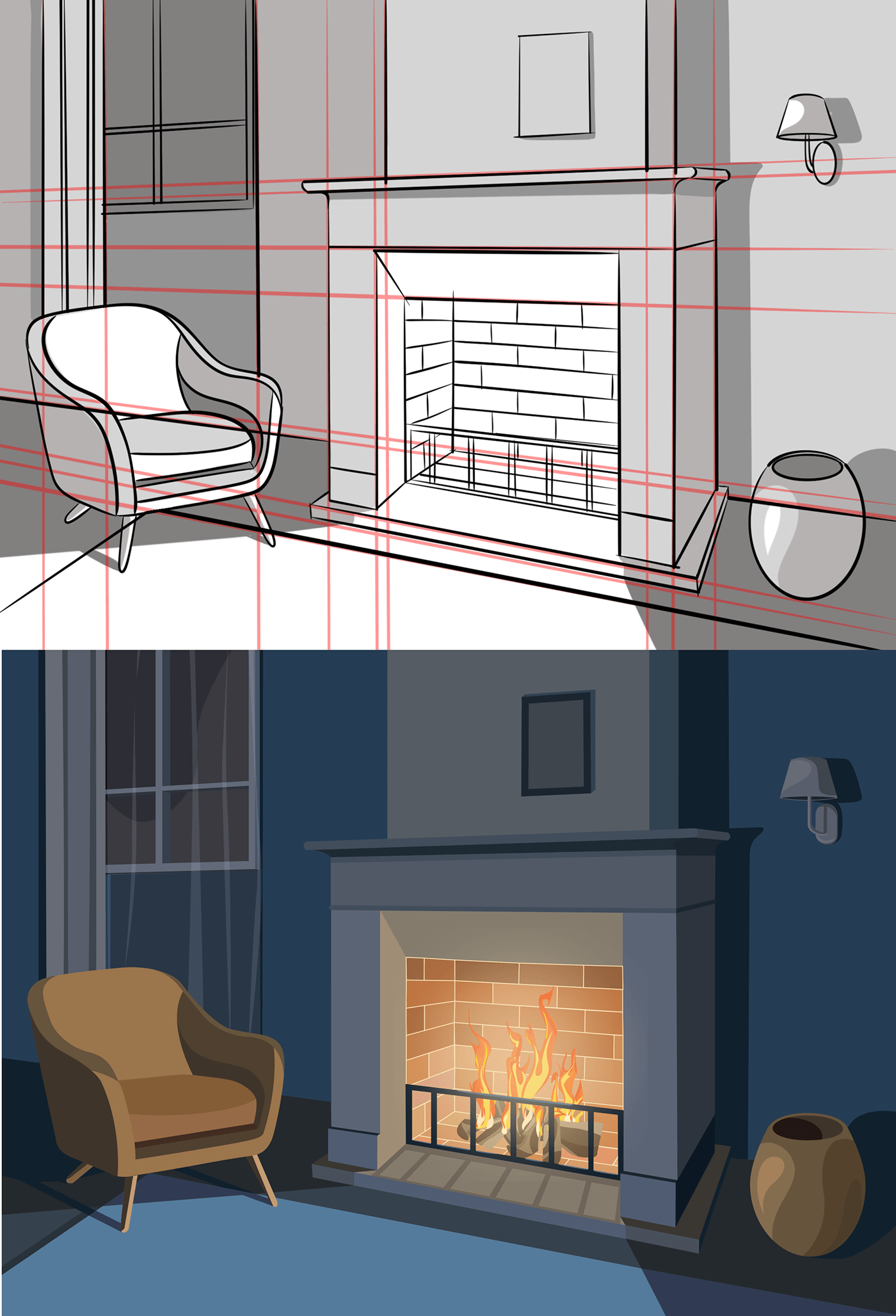 ILLUSTRATION  light and shadow room Illustrator adobe vector adobe illustrator fireplace fire Drawing 