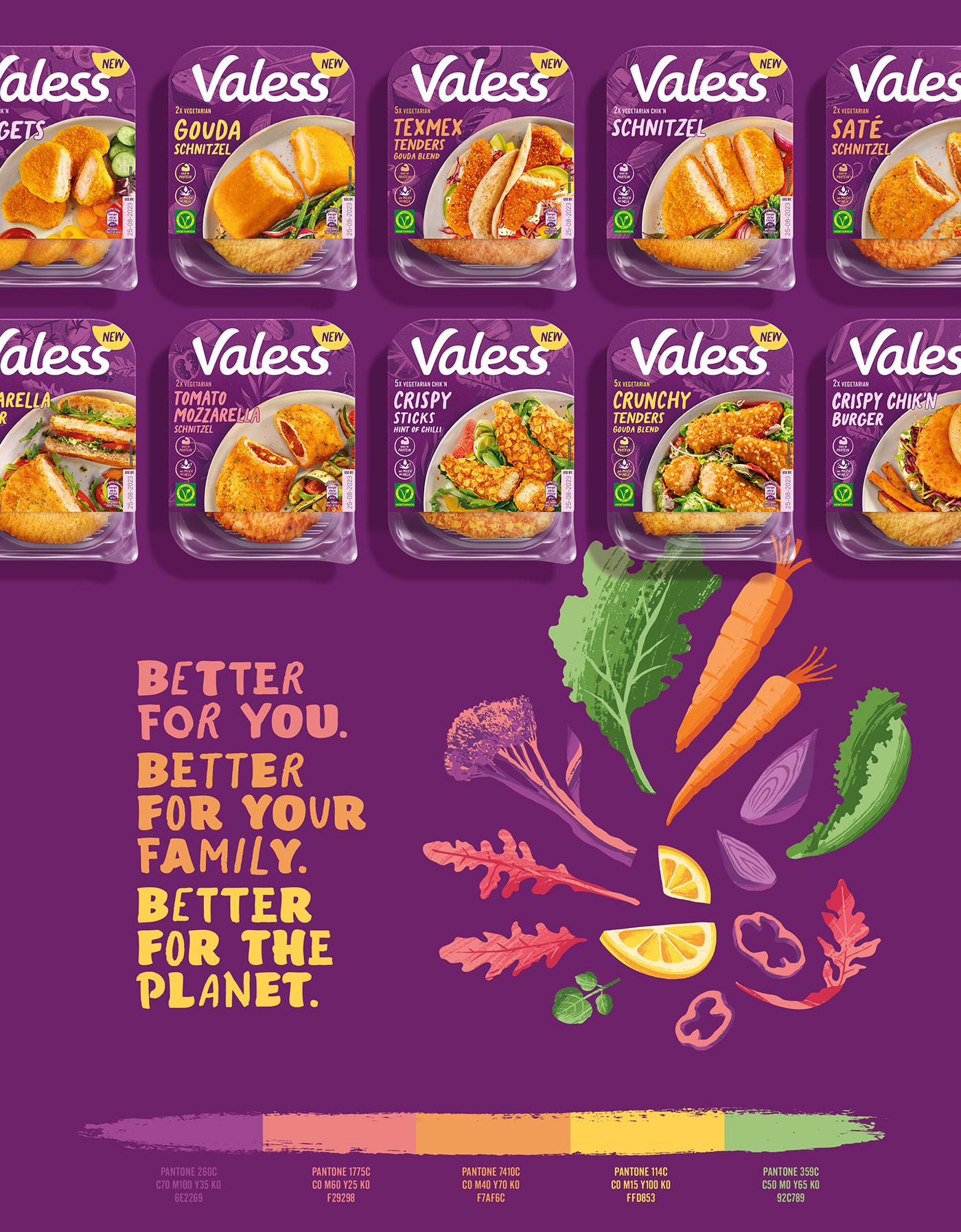 Packaging identity purple Vegetarian Food  ILLUSTRATION  FrieslandCampina meat alternative Valess Design Bridge 