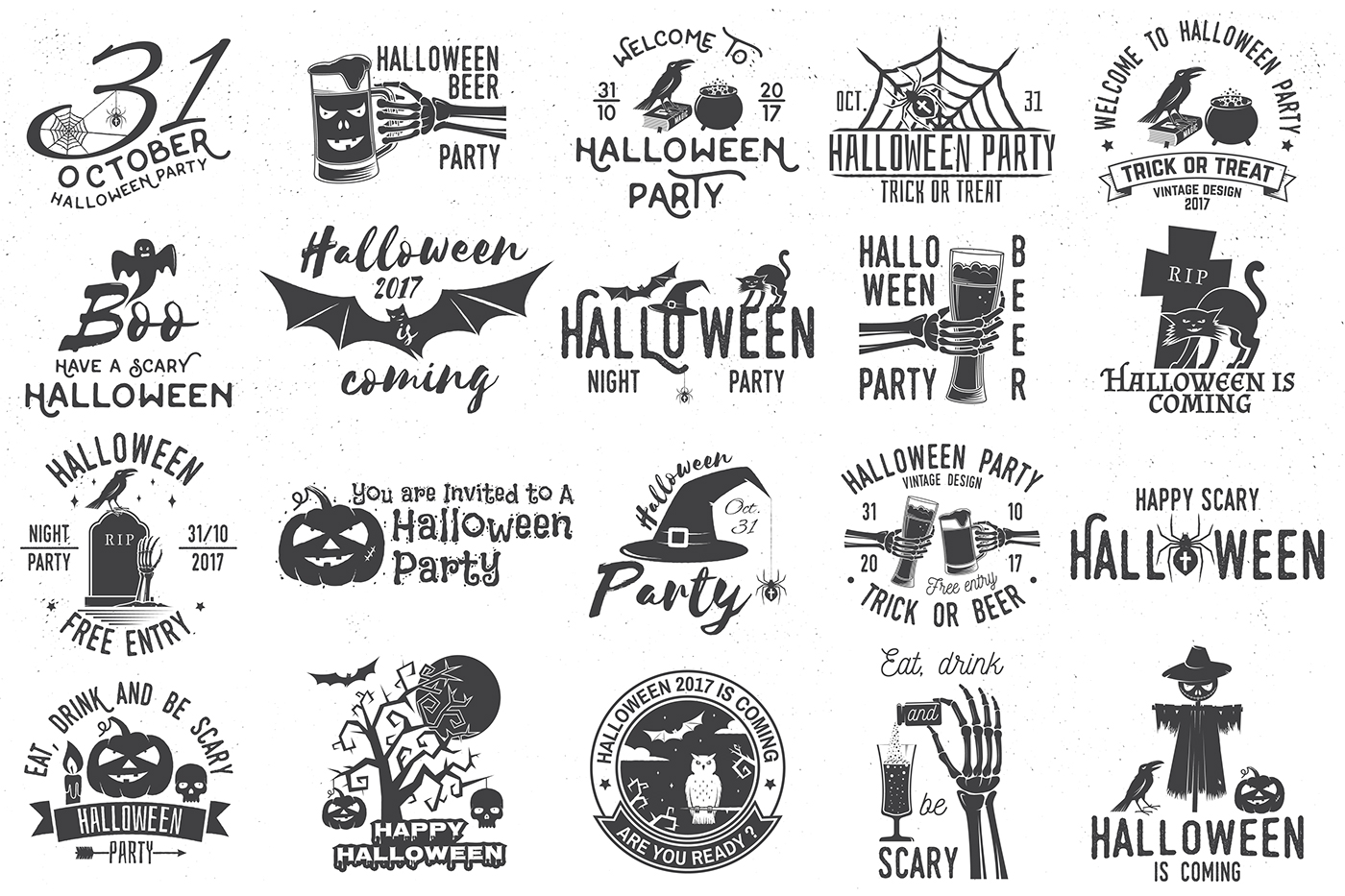 Halloween party badge happy pumpkin scarecrow skeleton spider bat beer