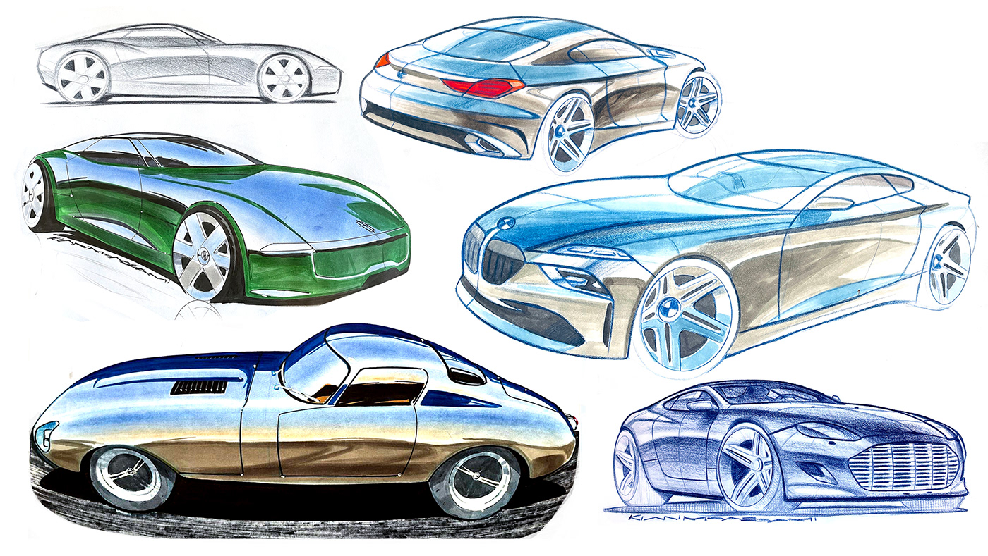 Copic jaguar lincoln FERRARI alfa romeo maserati Analogue Sketches BMW car design sketch