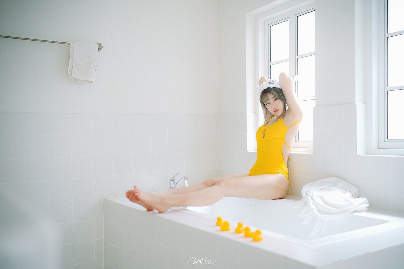 bath bathroom Beautiful duck girl one piece portrait pretty sexy yellow