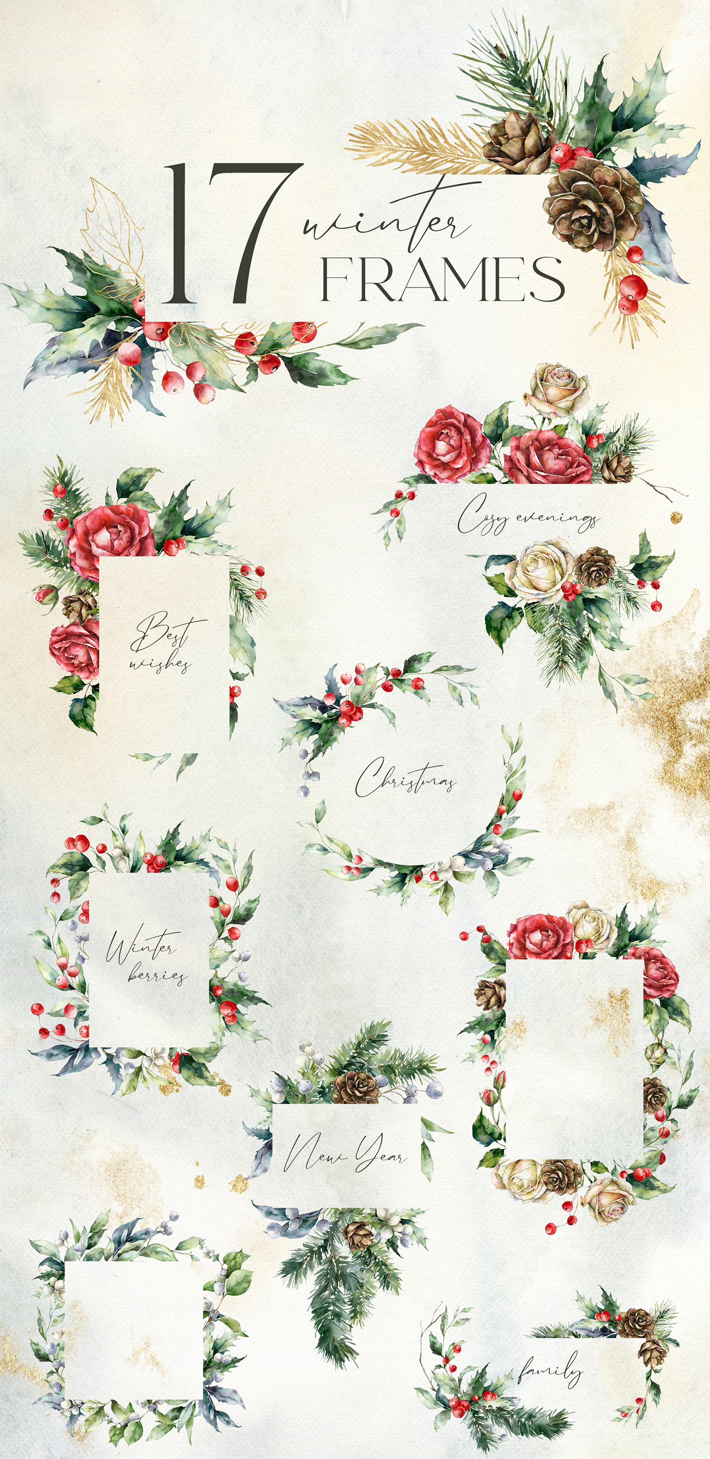 christmas design christmas flowers berries pine cone red white berry red white roses watercolor floral clipart watercolor illustration WINTER COLLECTION winter flowers Winter seamless pattern