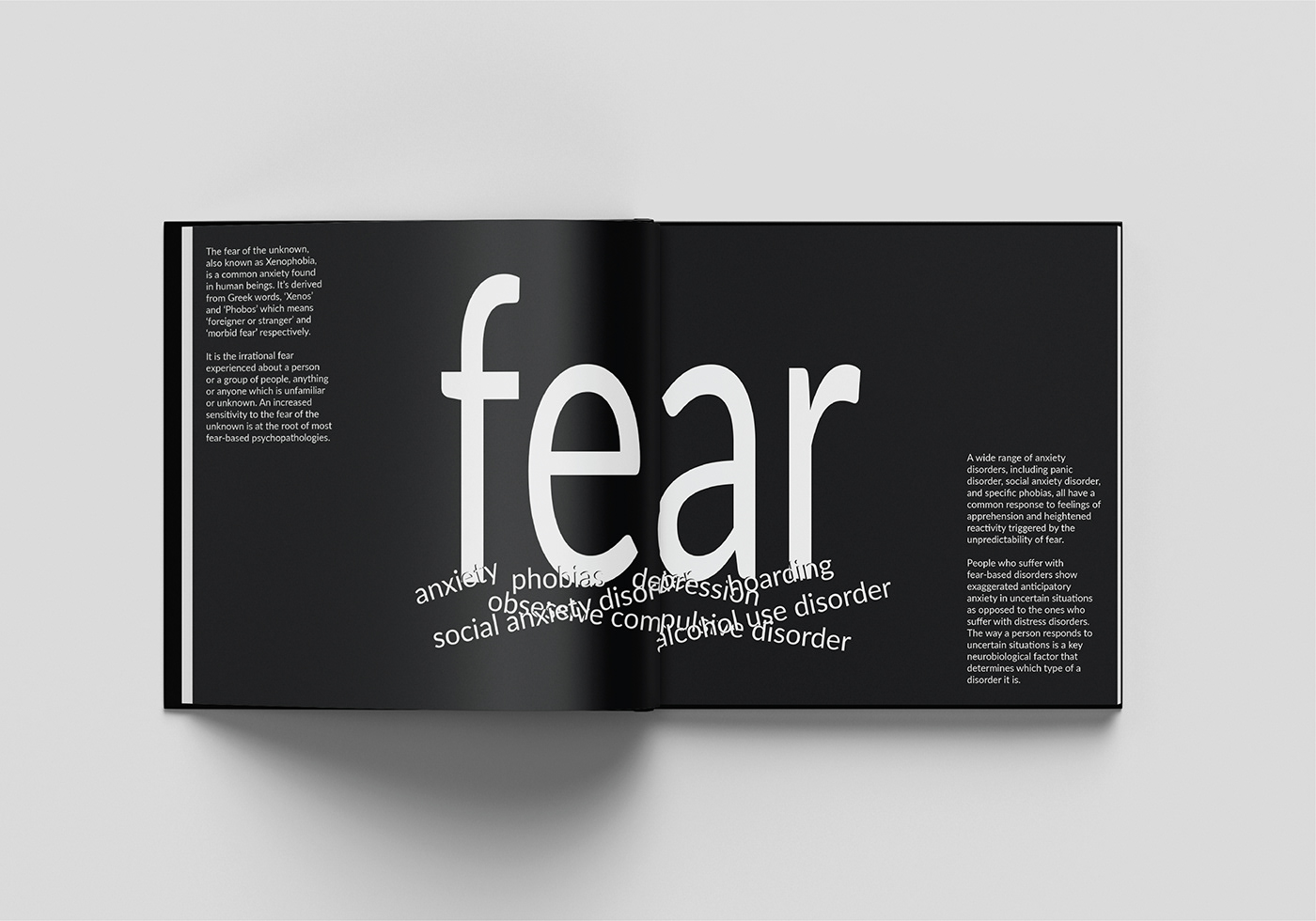 fear of the unknown publication typography   xenophobia black and white COFFEE TABLE BOOK conflicts fear monsters student