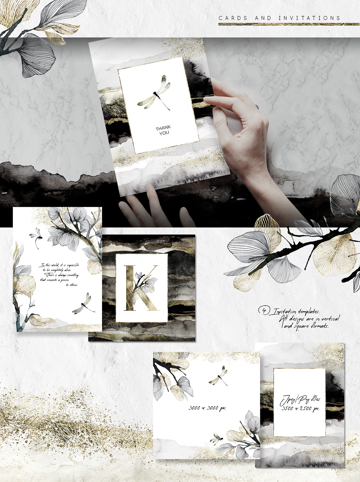 modern collection graphic minimalistic japanese oriental luxury gold watercolor black and white dragonflies
