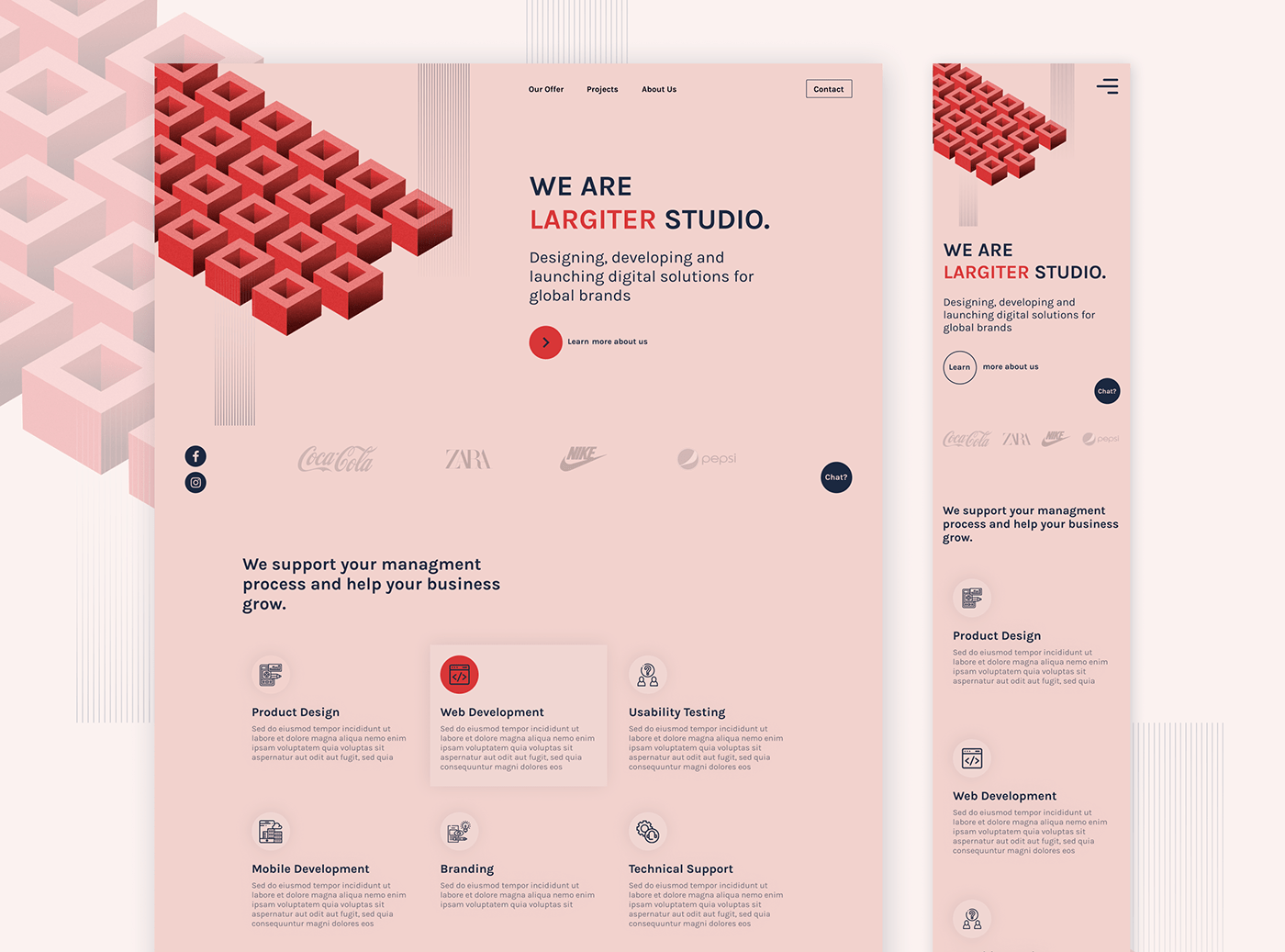 concept figures landing page red theme software house geometric Pink Theme