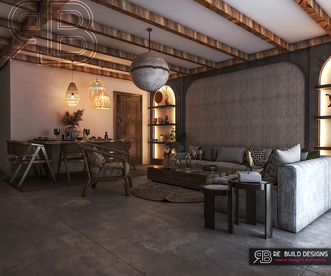 chalet Beach house interior design  Render 3D vray 3ds max modern bohemian boho