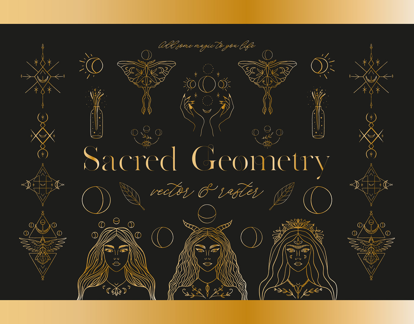 bundle clipart design tools golden Graphic Templates moon child sacred geometry seamless patterns vector bundle witch
