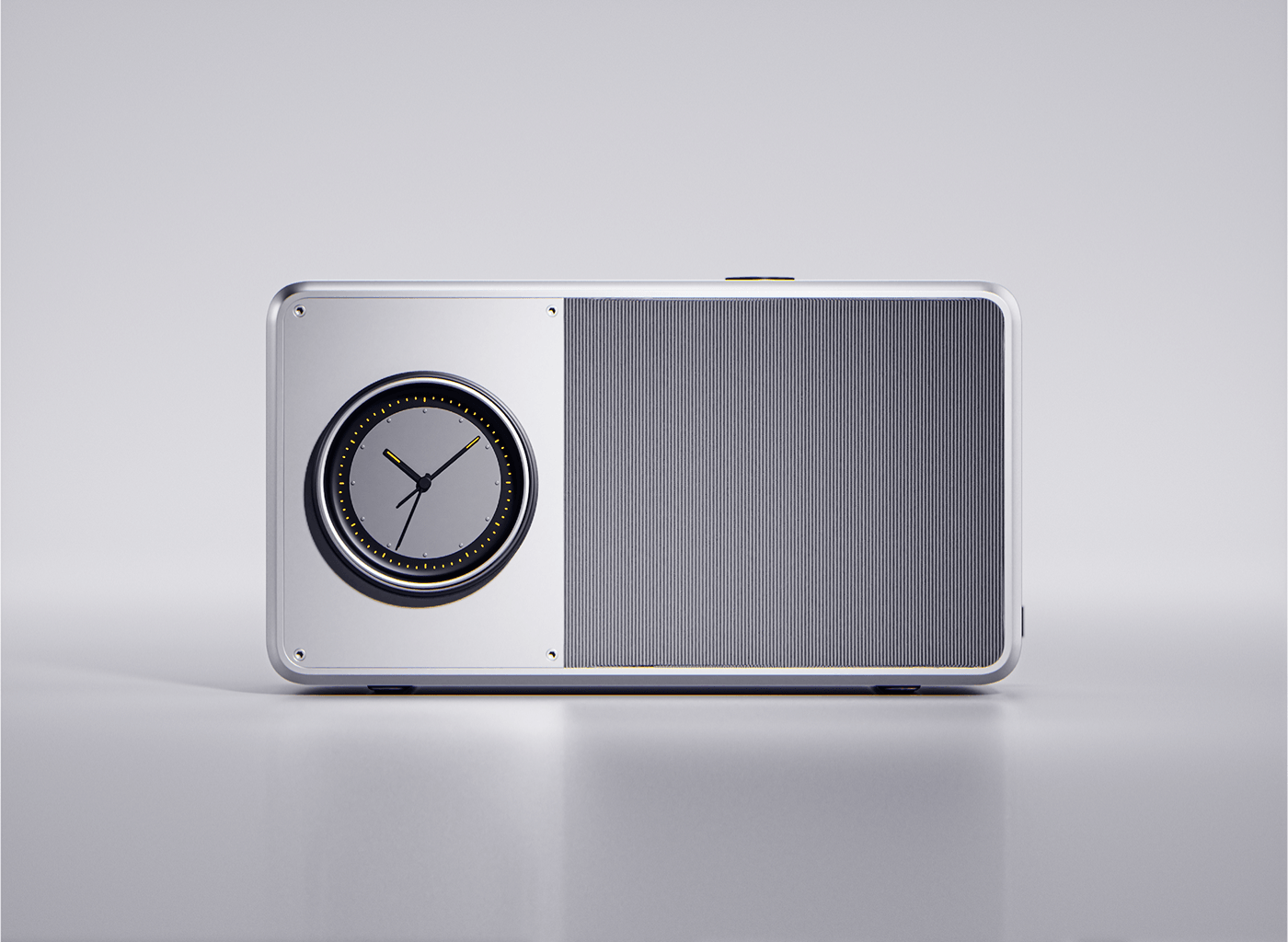 Radio clock speaker concpet product dark metal bluetooth photorealistic CGI