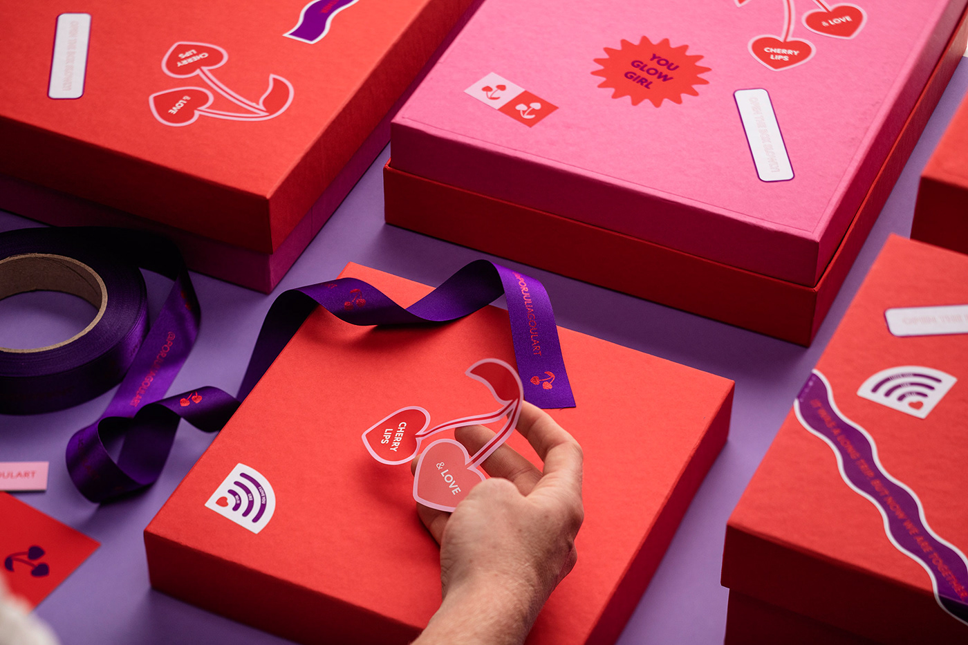 branding  cherry Fashion  Fun happy Packaging pink purple red stickers