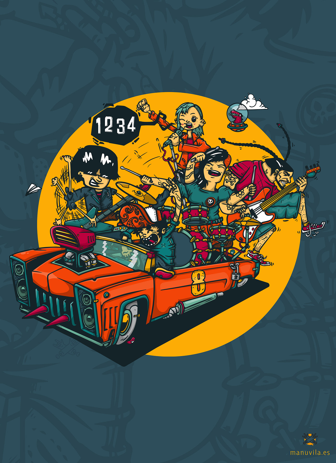 Poster de la ilustración de la banda de rock tocando encima de un coche.