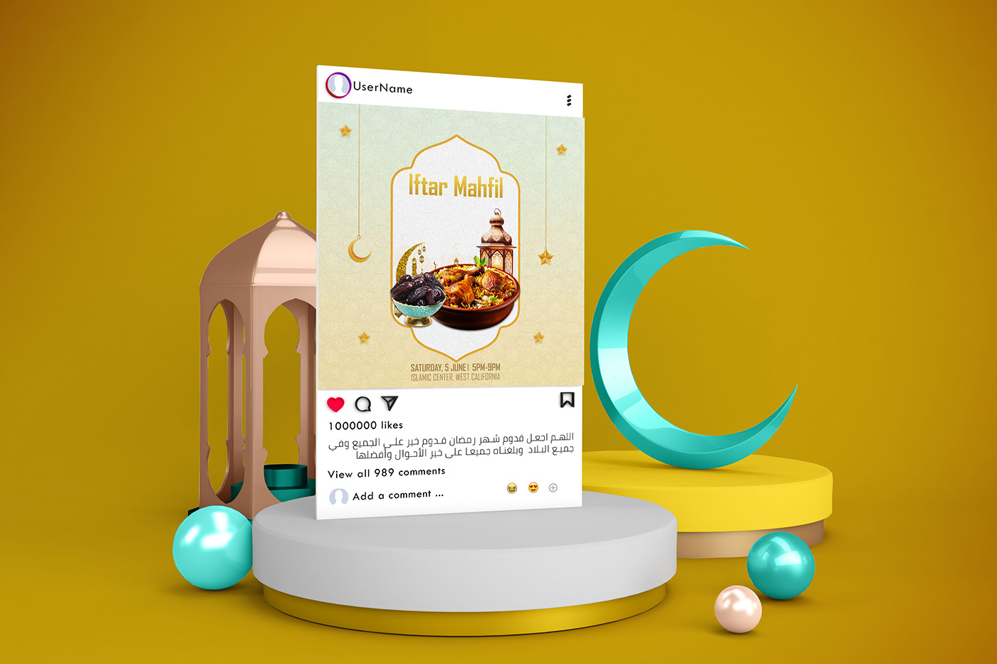 A Ramadan Kareem food Food Social Media Poster Design could feature a close-up photograph of a juicy