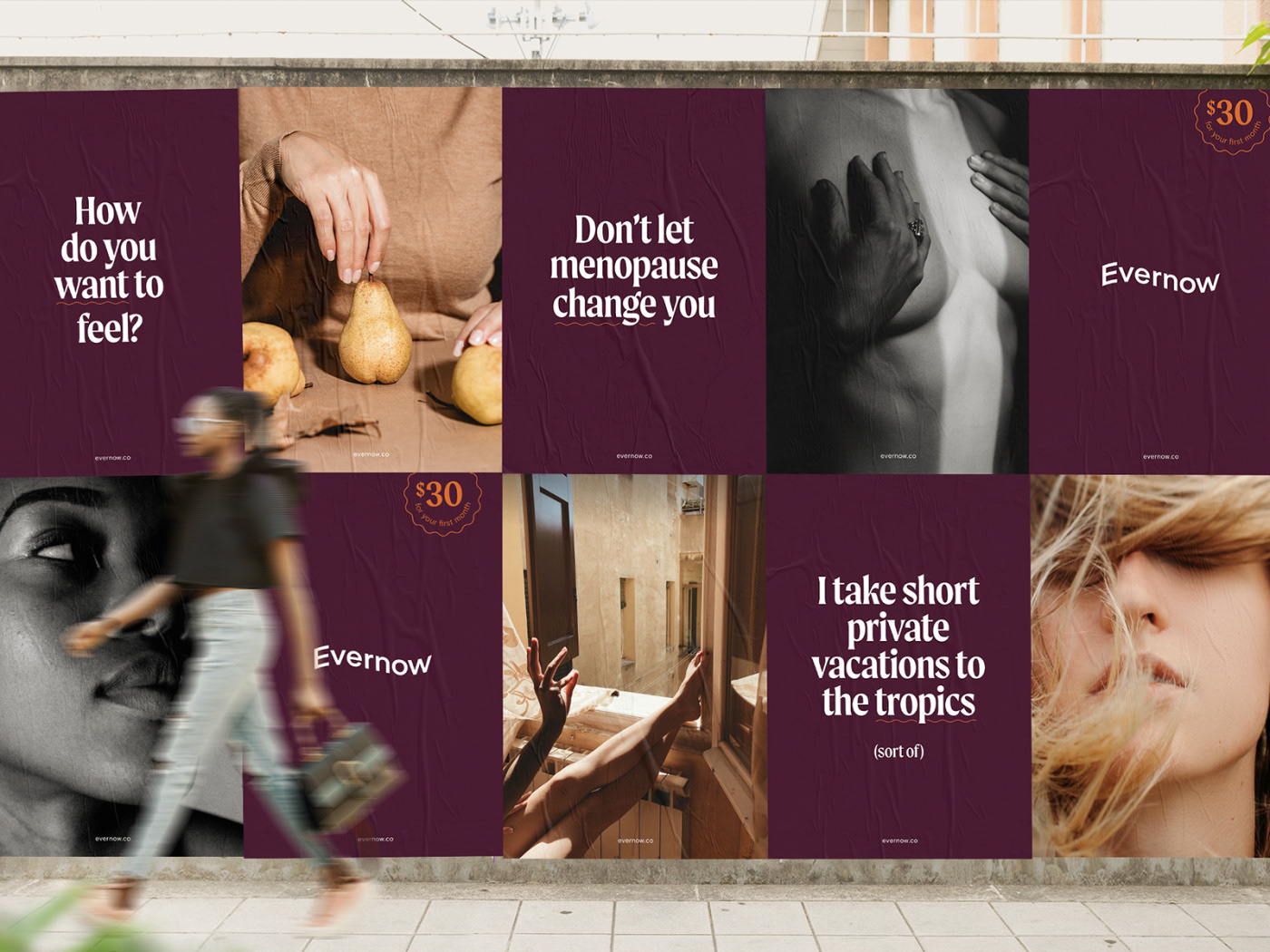 Mockup of outdoor ads with a woman walking in the front.