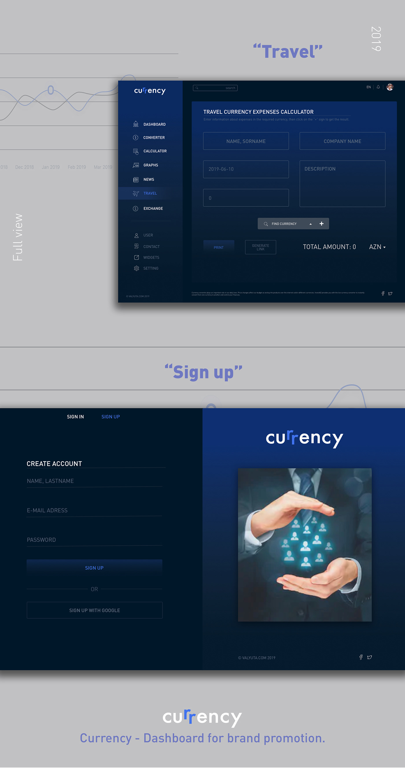 dashboard design dashboard UI/UX blue Web Design  ux UI financial currency Interaction design  calculyator
