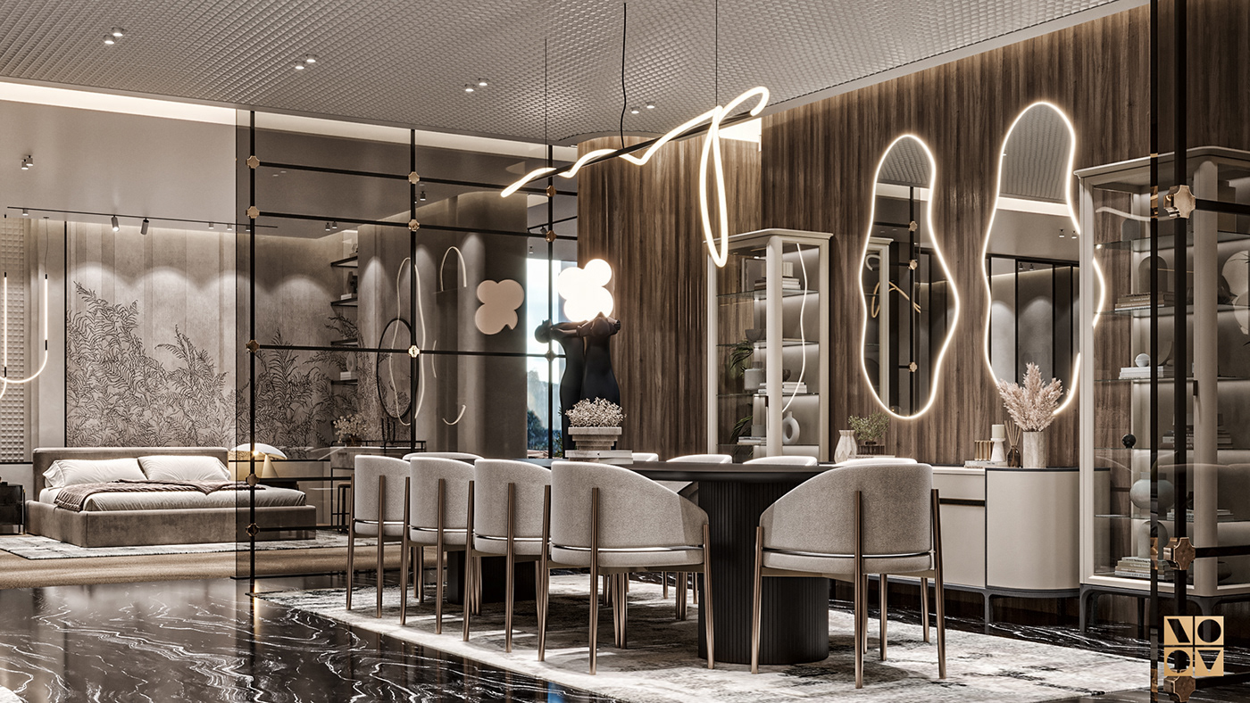 luxury modern furniture showroom Interior visualization 3D glass metal pattern