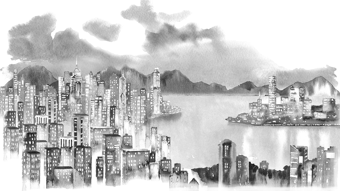animation  watercolour motion design city black White monochrome watercolor ILLUSTRATION  Urban