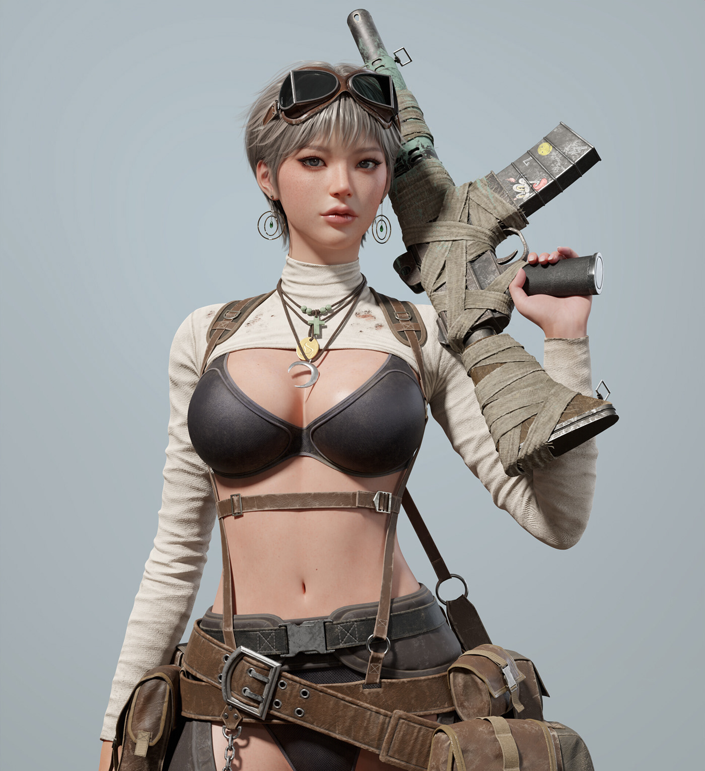 girls Gun Sniper asian modeling modeling 3d white hair 3D 3D Character