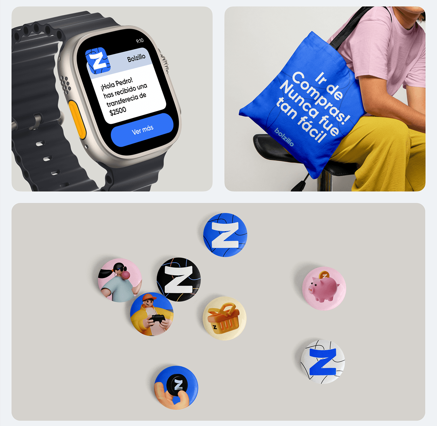 Bolzillo app UI on smartwatch, branded tote bag, and branded button badges.