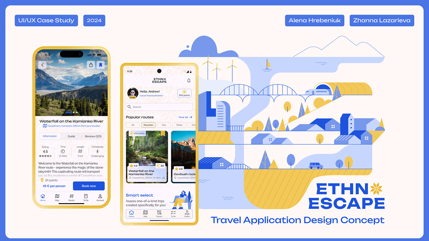 Illustrated presentation screen for travel application.