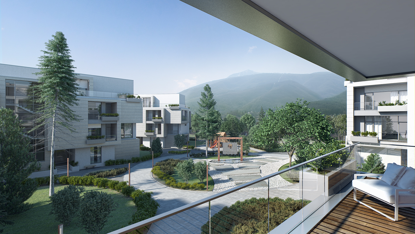 residential complex Park mountain White panorama Interior exterior contemporary 3D Landscape