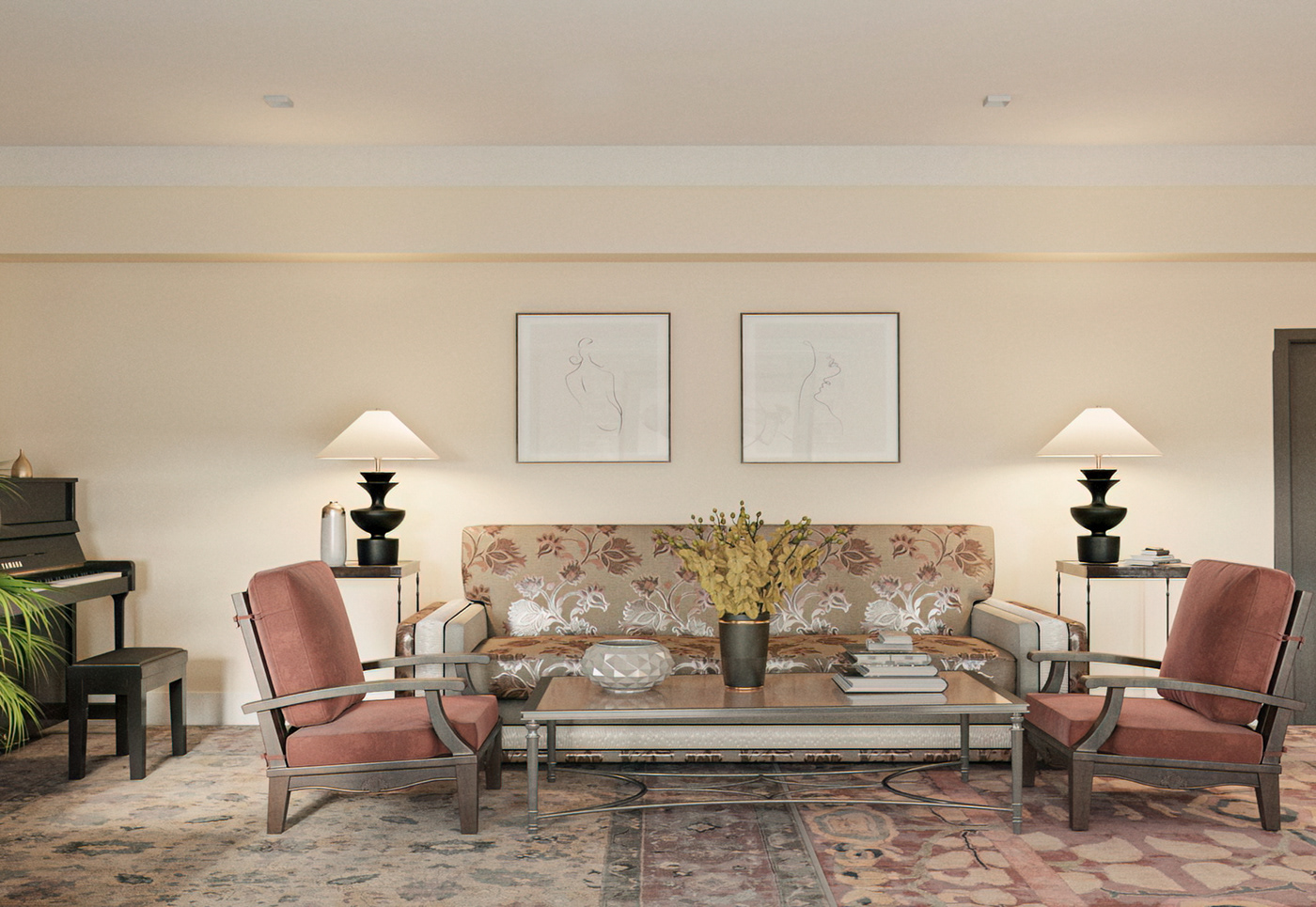 Piano eclectic Interior design living room modern american vintage Retro