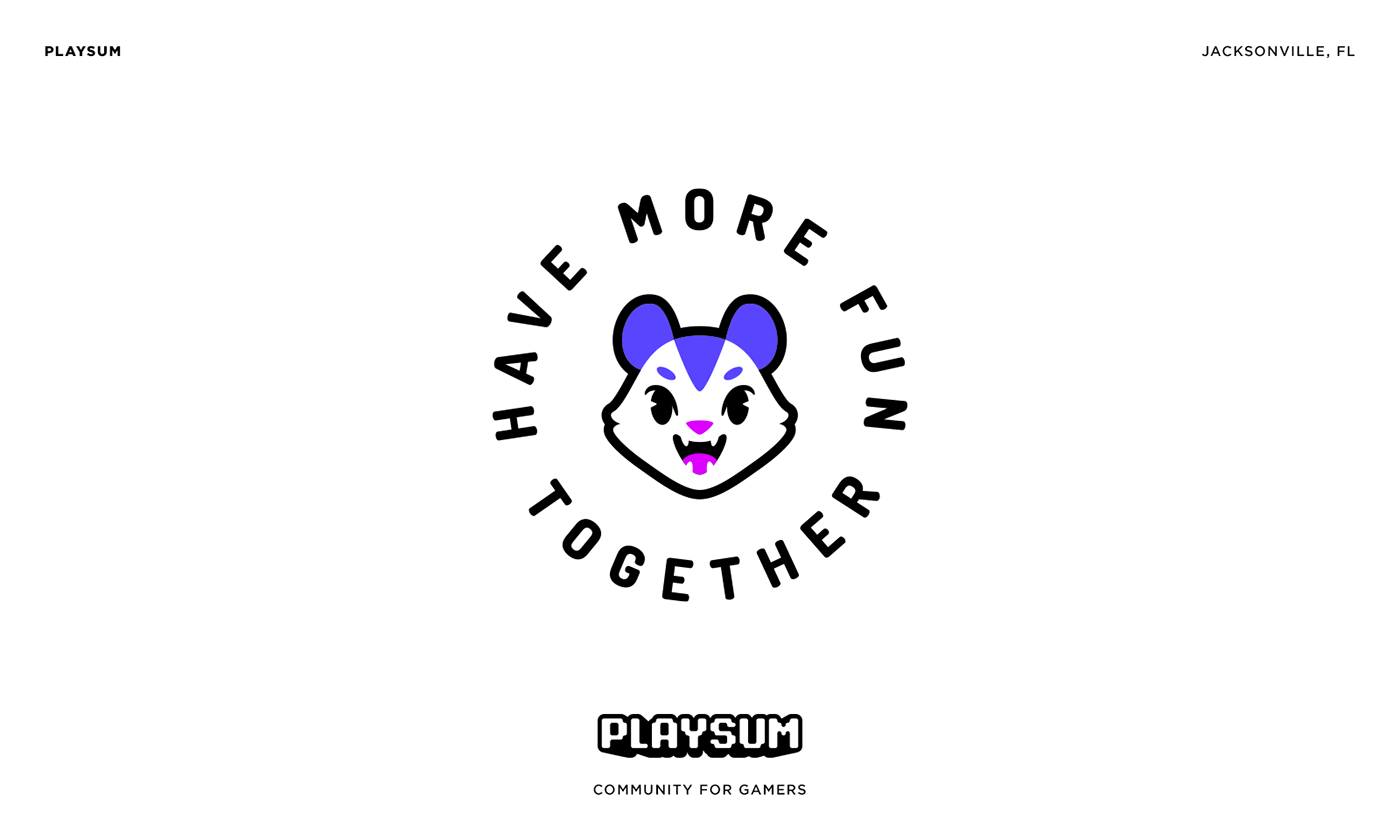 Logo and mascot (an opossum) design for Playsum Community for all gamers. Jacksonville, Florida
