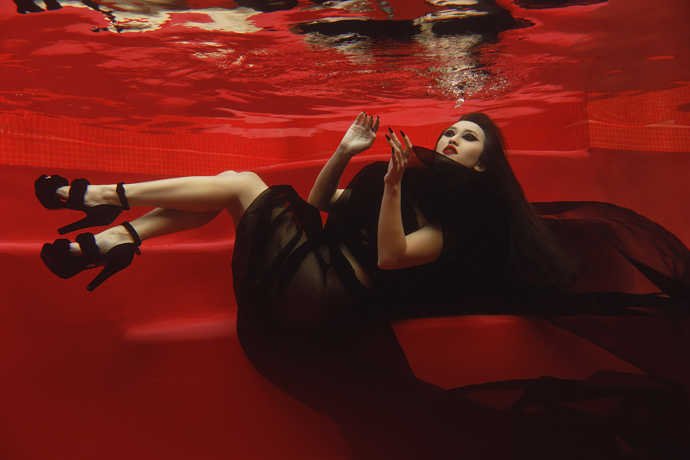 editorial Fashion  fashion photography footwear model Pool red underwater underwater fashion UNDERWATER PHOTOGRAPHY