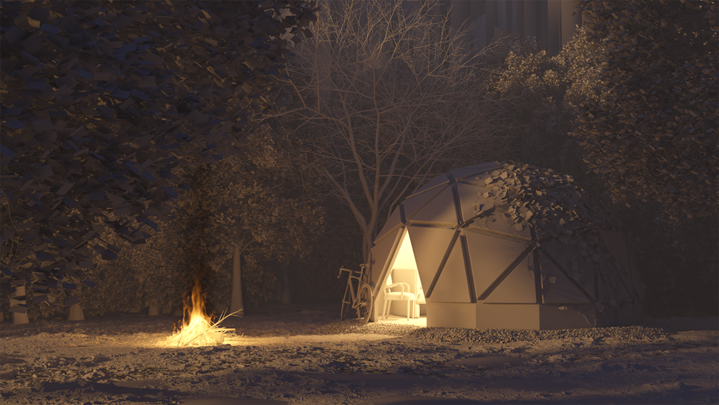 concrete jungle forest doom fire camp autumn environmental architectural CGI