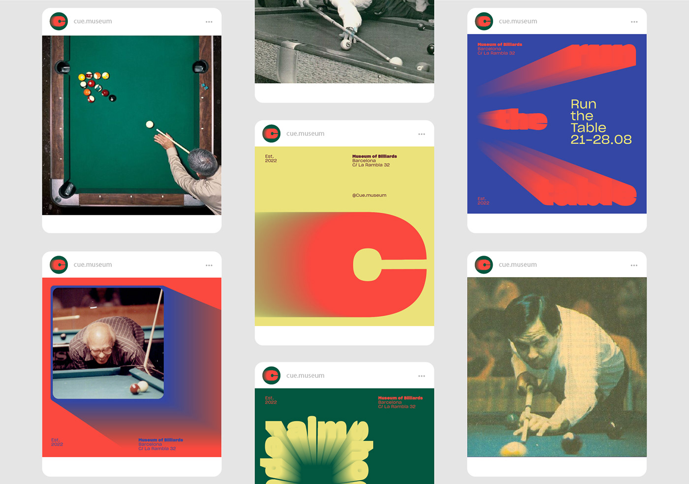 Instagram posts design for billiards museum barcelona. Vinatge players photos, dynamic typography 