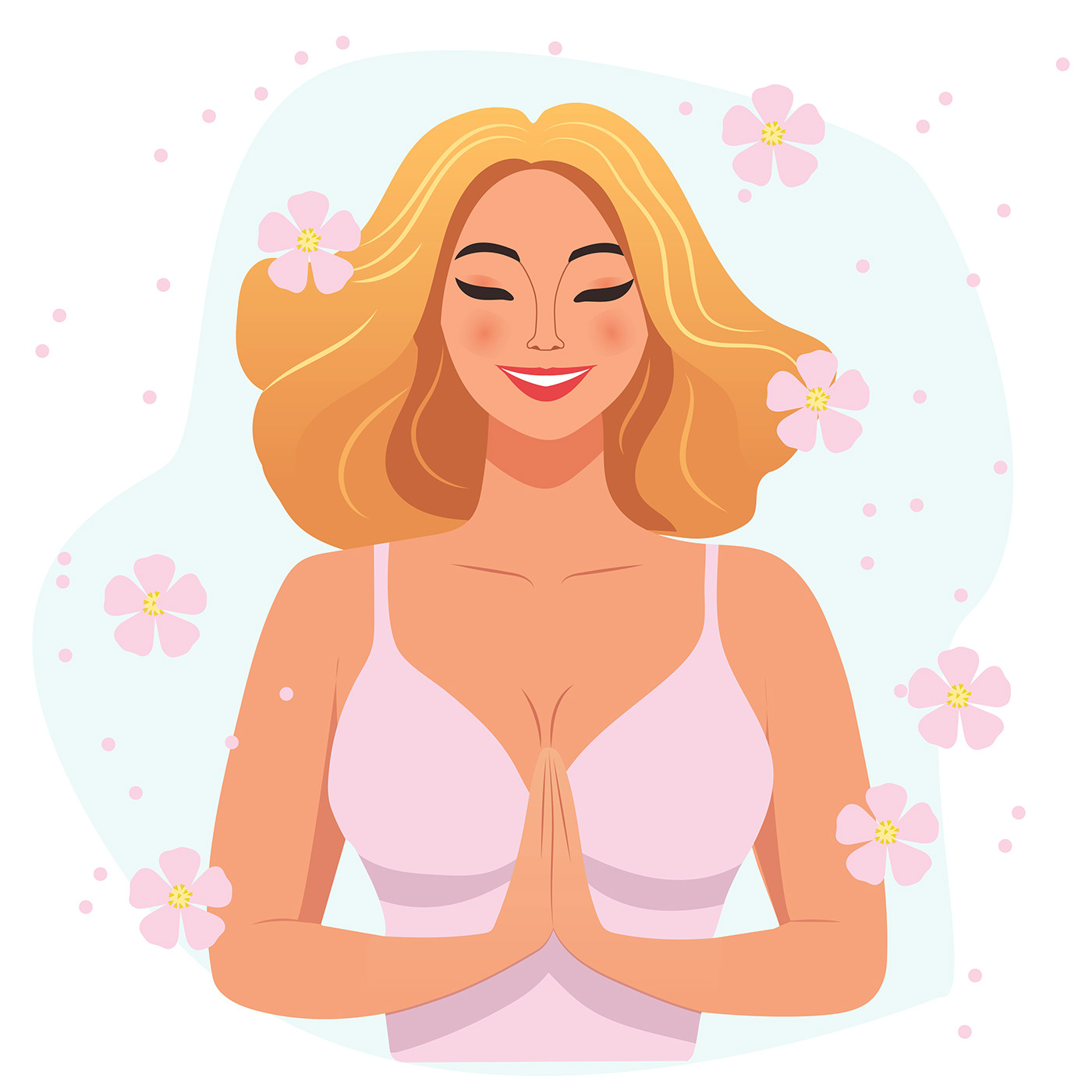 A happy woman with blonde hair meditating
