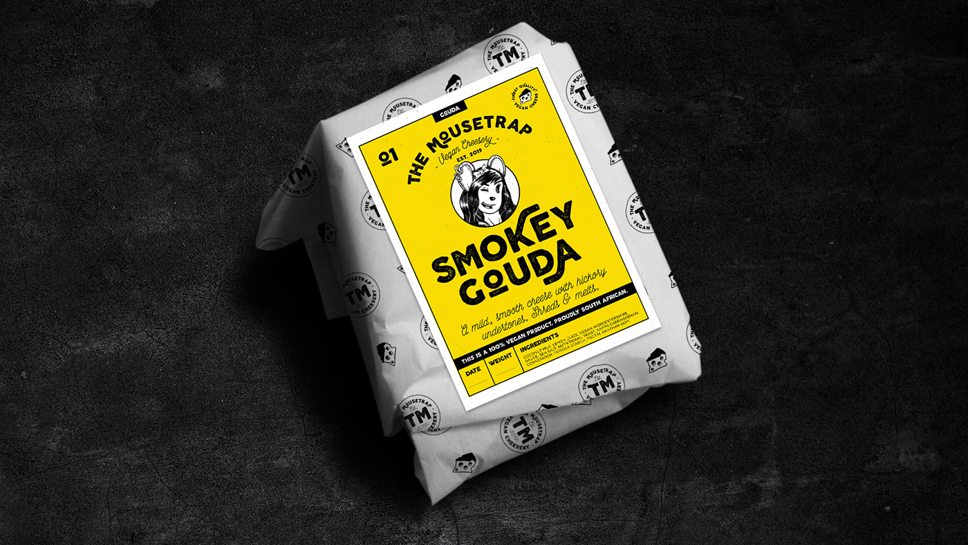 Smokey Gouda cheese label design for the Mousetrap Vegan Cheesery