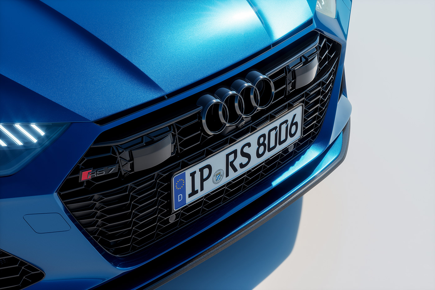 the close up angle for audi rs7 2020 sportback sepang blue with german license plate .