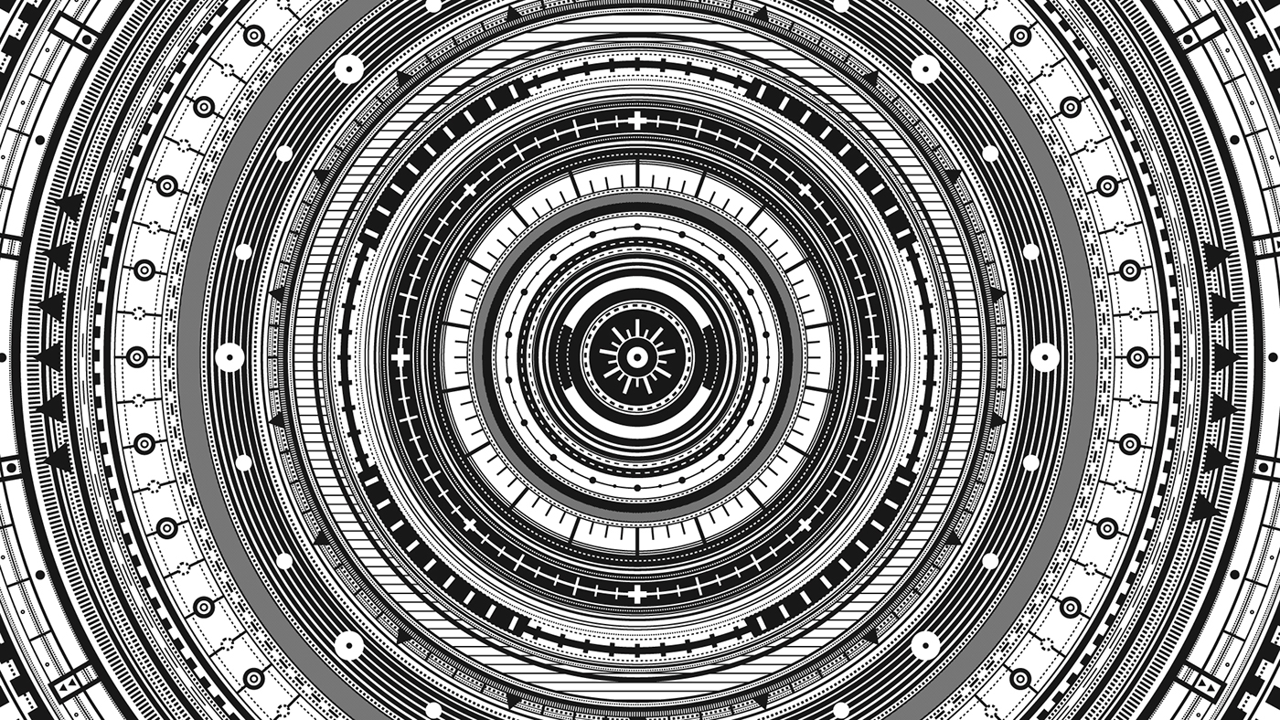 circle radial colours rotation complex motion print black and white monotone detailed