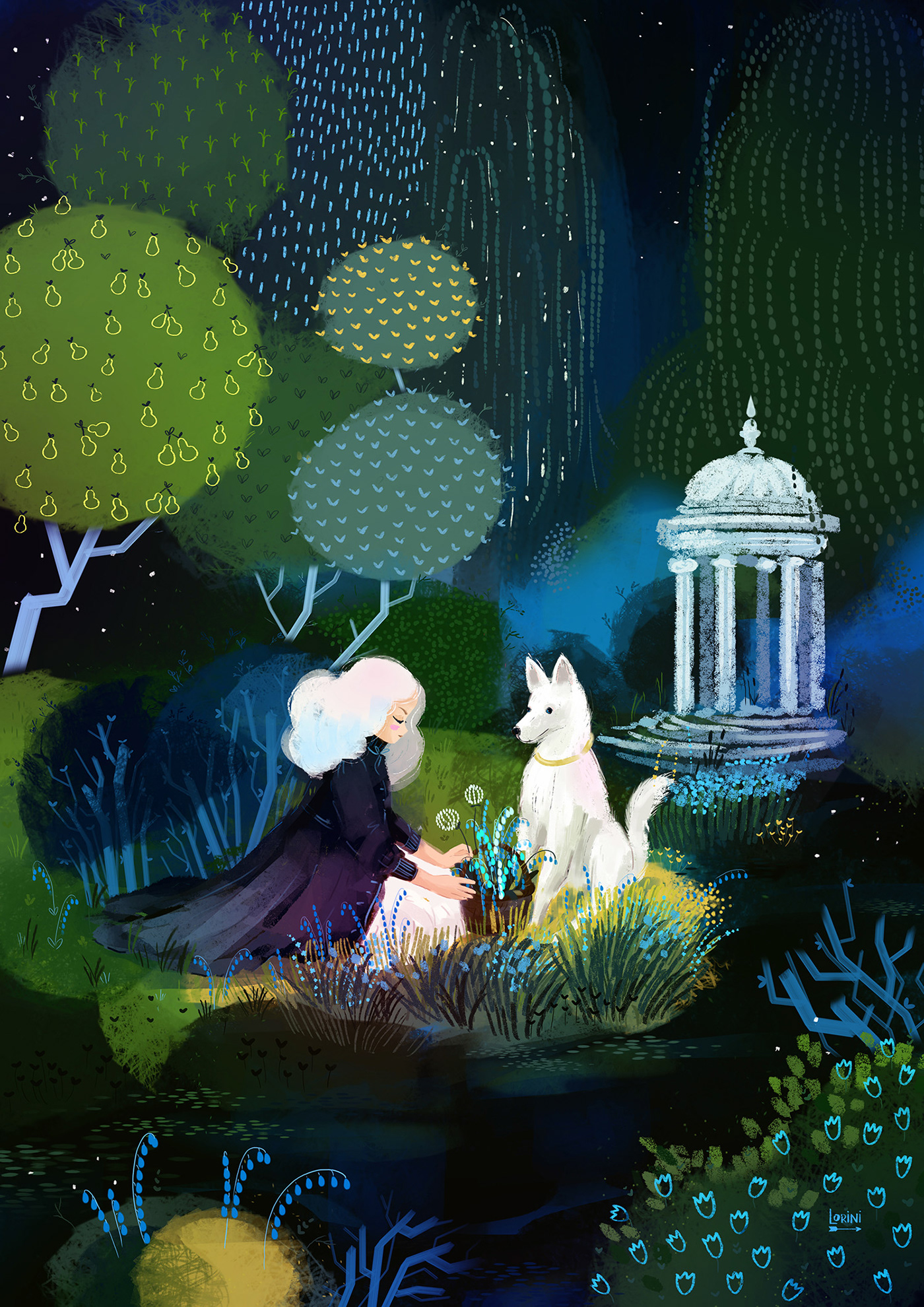 lovely lady with white hair in a dark cape. She sits on the grass with her dog in the night garden