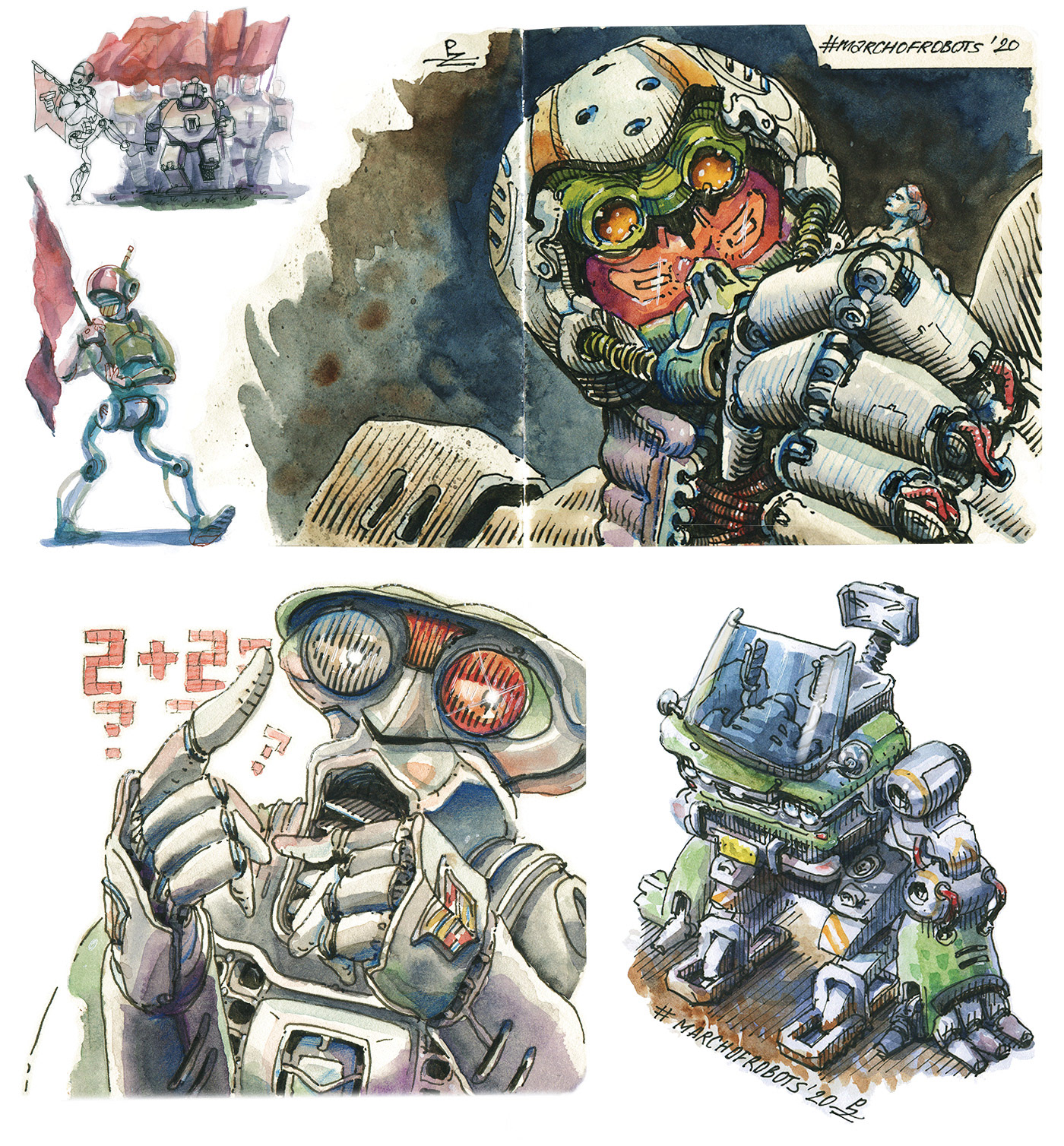 Character design  concept art Editorial Illustration hand drawn ILLUSTRATION  March of robots robot sci-fi watercolor Cyberpunk