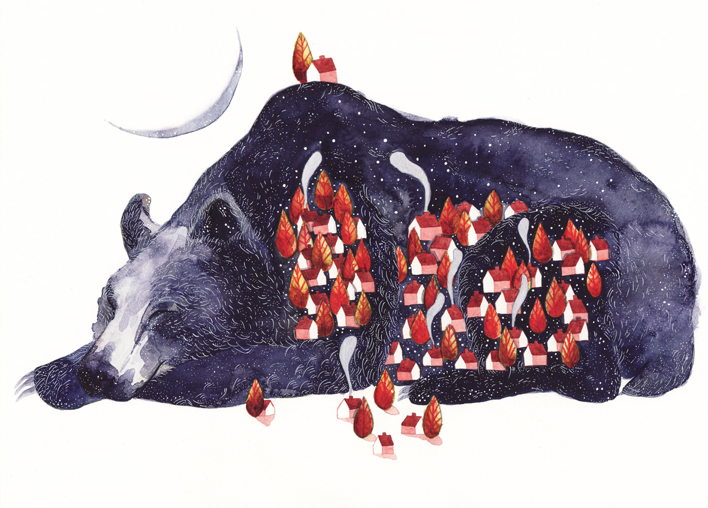 An illustration of a sleeping bear, there are autumn trees and houses on him.