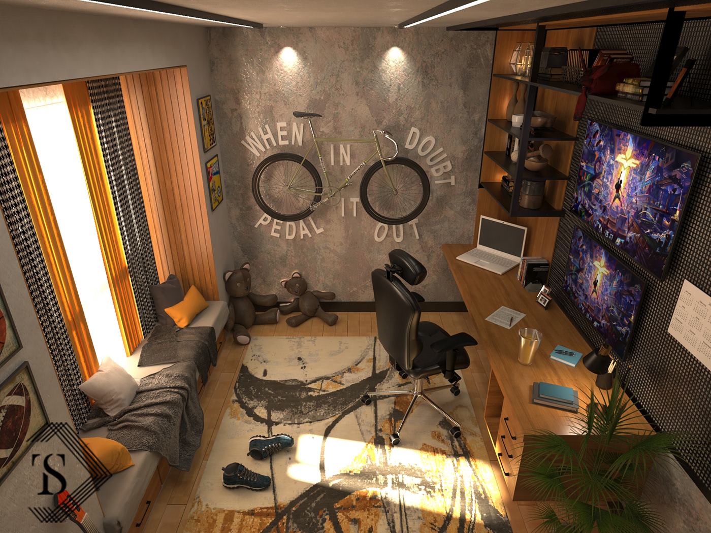 interior design  architecture visualization modern elegant boys room Workstation room