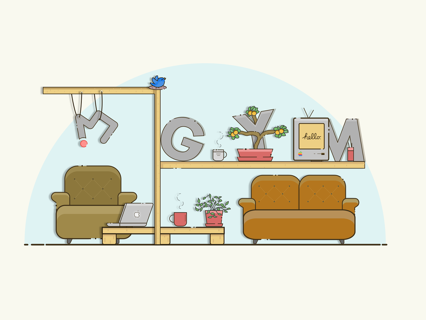 Icon ILLUSTRATION  logo Couch gym Creativity Laptop vector flat clean