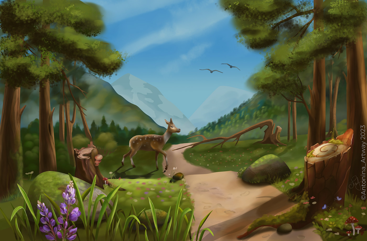 animal deer forest Landscape digital painting digital landscape Environment design 2dart skillsupschool SkillsUp
