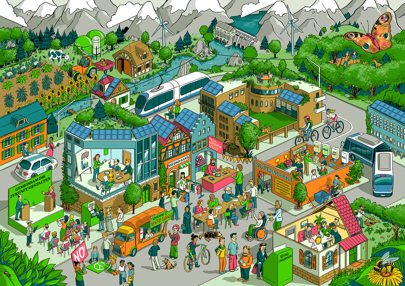dialogue environment green Greenpeace hidden object Landscape Schweiz Sustainability swiss Wimmelbild