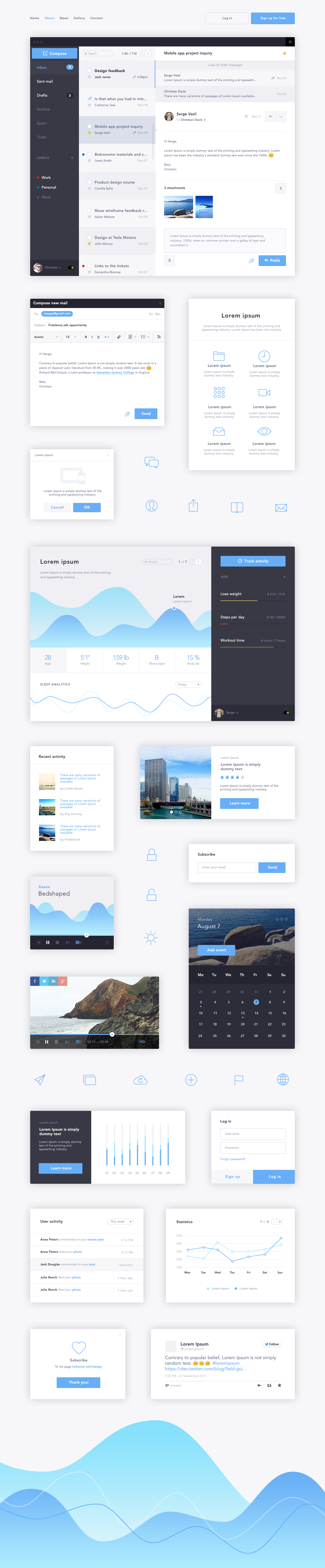 product UI ux Style Guide flat clean blue Email Client graph player video Popup Interface