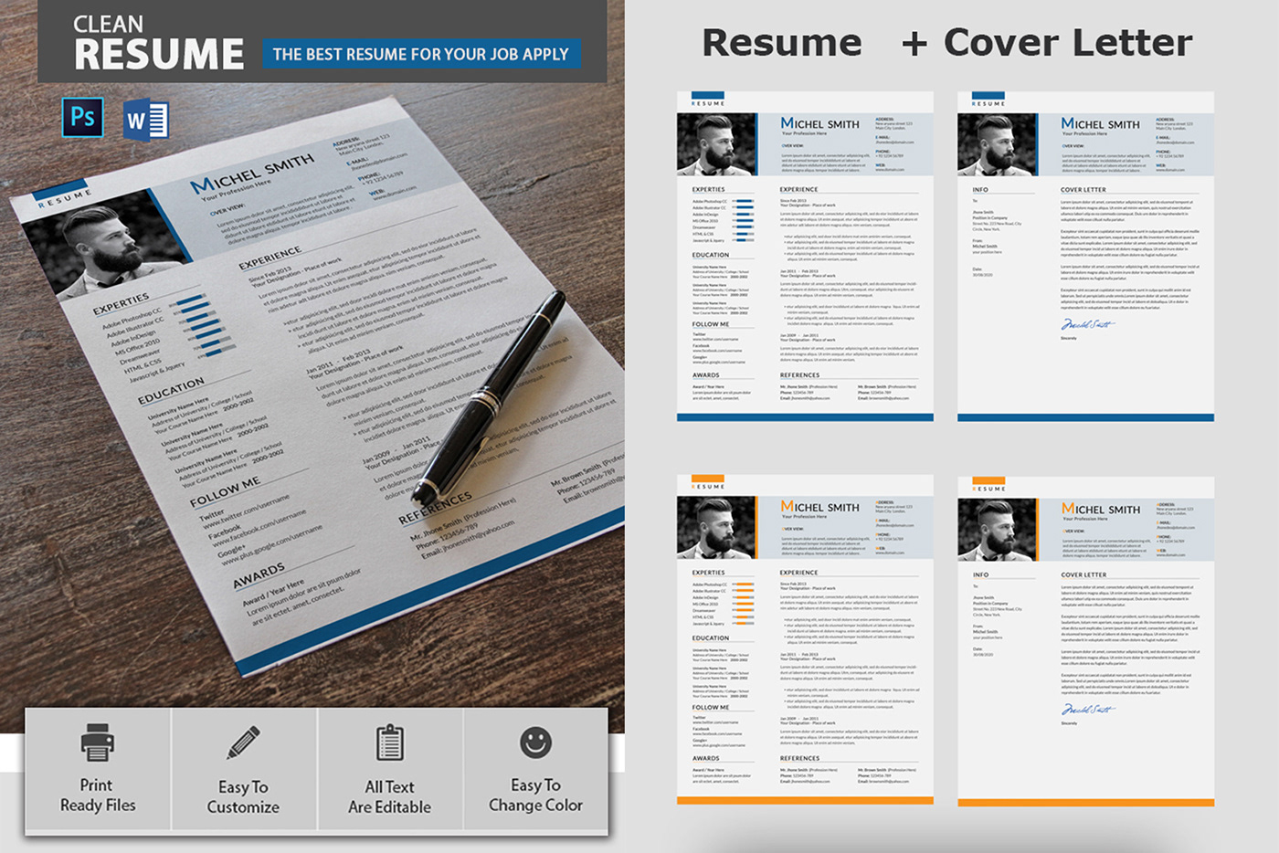 3-piece resume a4 blue resume clean cv Resume cover letter creative word resume download resume Free Resume
