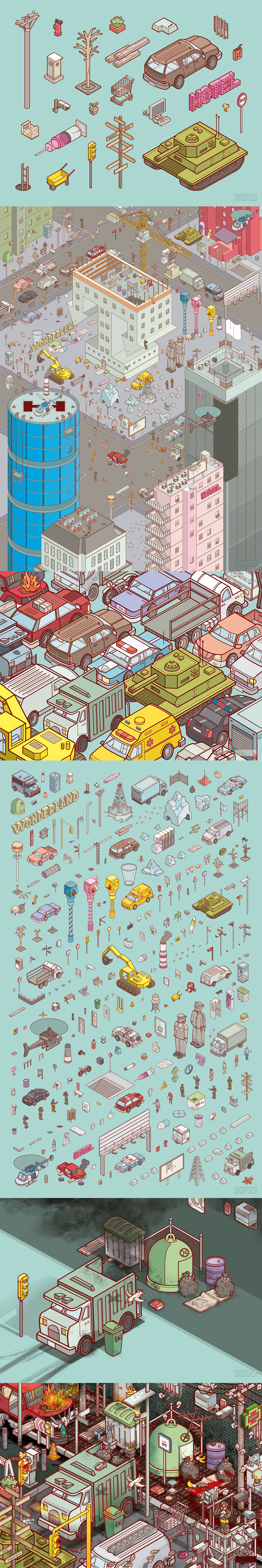 city Cars objects Isometric chaos colors people crowd cartoon Cosmopolitan disseny