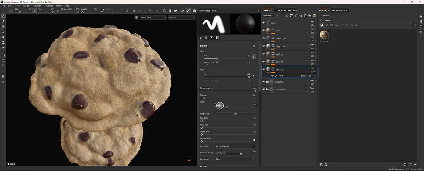 A 3d model of a cookie being painted inside Substance Painter