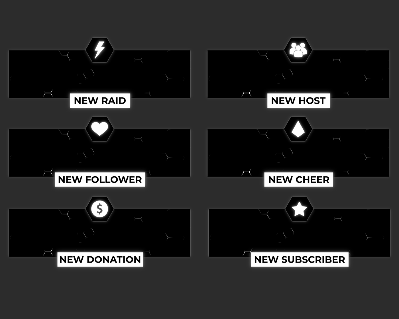 Free alert designs for gaming streams from the sleek black and white Twitch overlay 