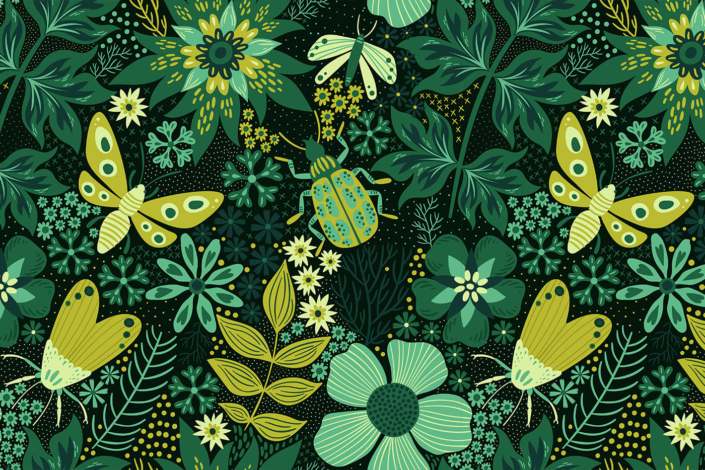 Forest Secret Life Pattern by Mona Monash. Floral pattern with flowers leaves and butterflies