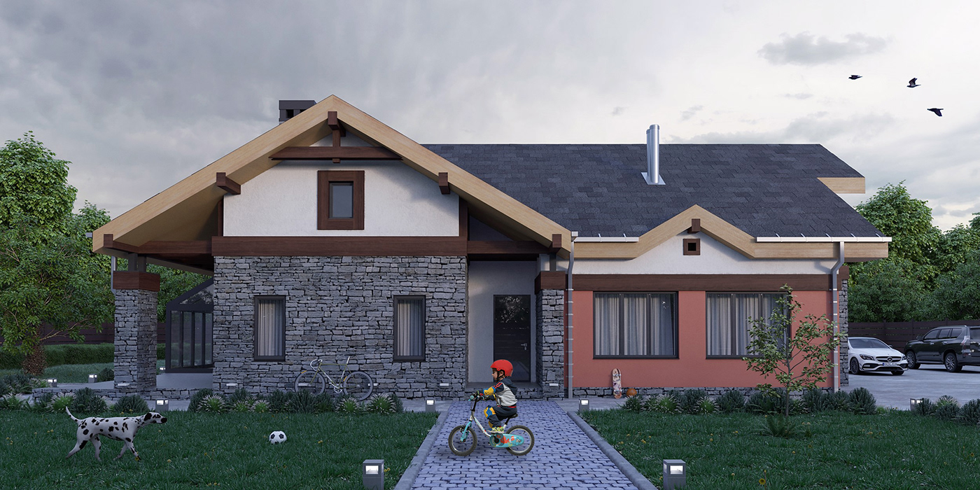 architecture Stone Texture private house Landscape Design Isometric night illumination 3d render facade lifestyle Urban